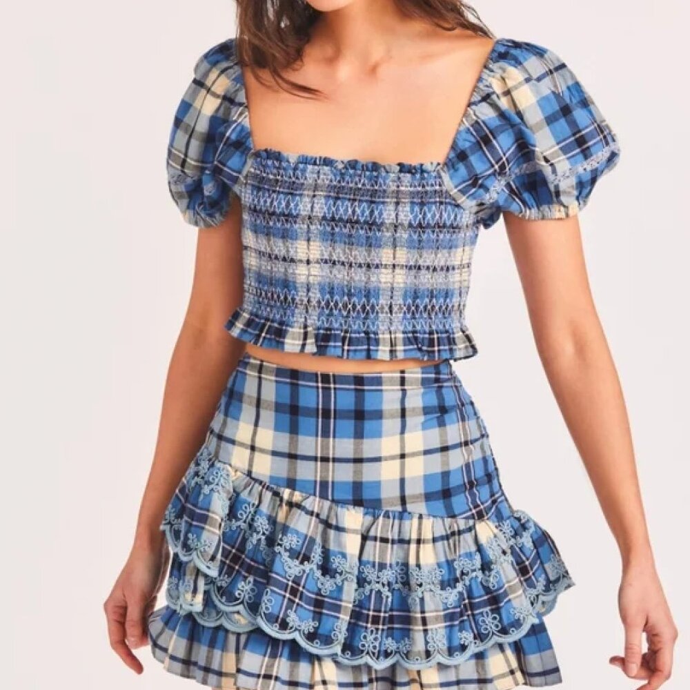 LOVESHACKFANCY Blue and Yellow Hersh Plaid Puff Sleeve Top